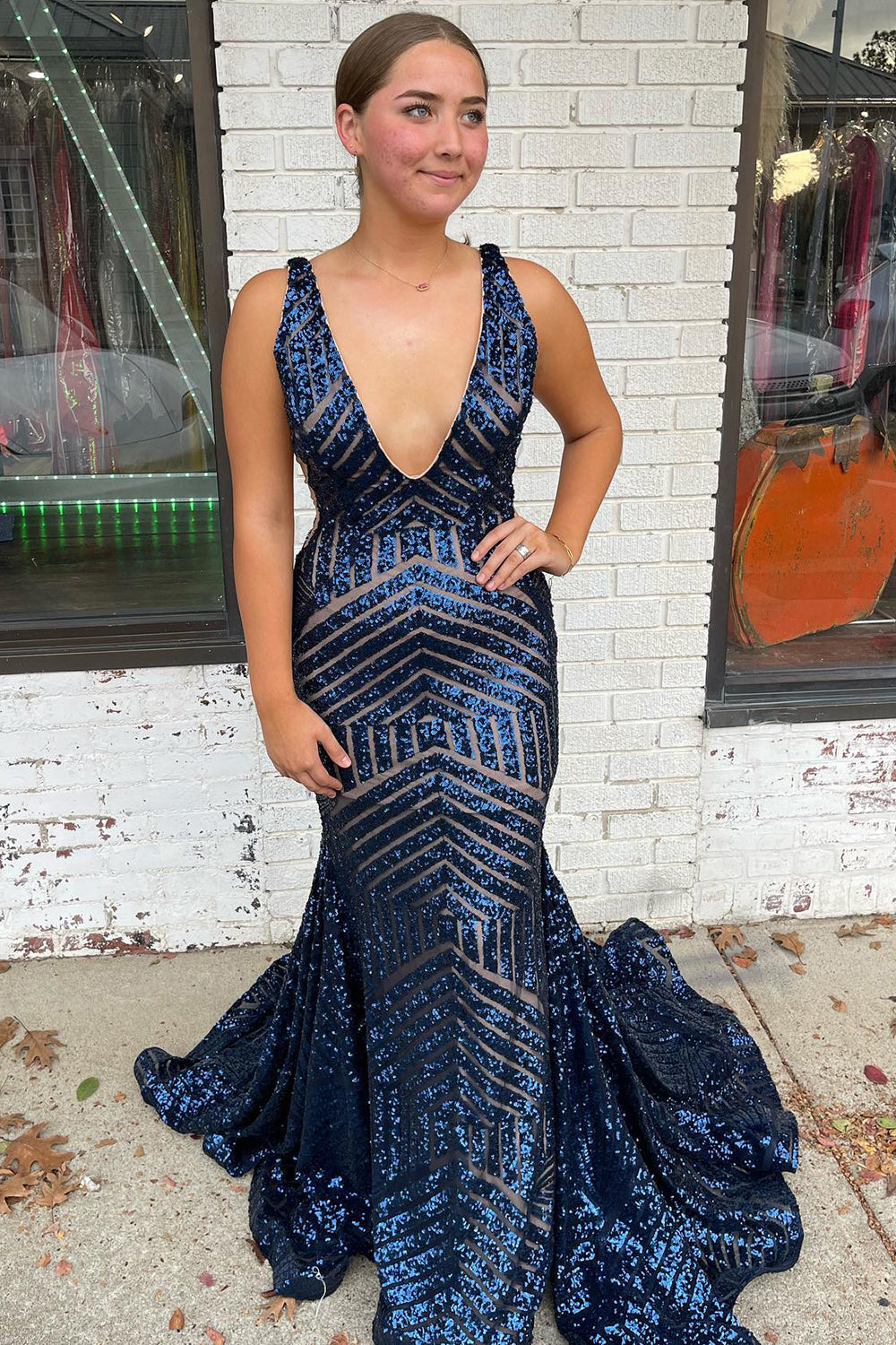 Mermaid Deep V Neck Orange Sequins Long Prom Dress with Open Back