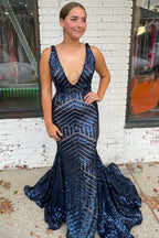 Mermaid Deep V Neck Orange Sequins Long Prom Dress with Open Back