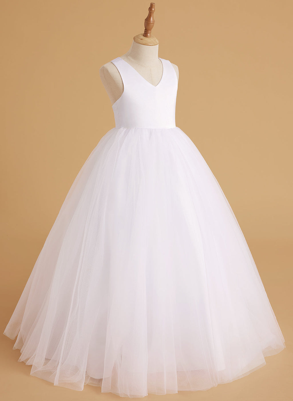 Vestido de niña de las flores clásico de corte en A sin mangas en satén y tul 