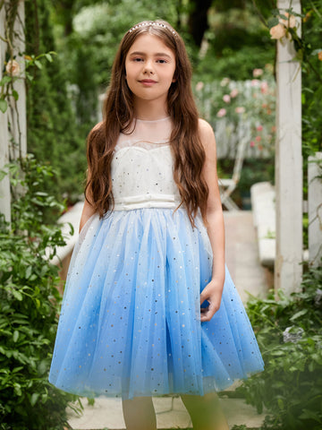 Vestido de princesa/vestido de tul azul hasta la rodilla para niña de las flores 