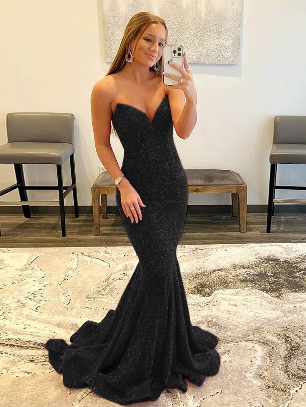 VESTIDO DE FIESTA DE SIRENA CON ESCOTE CORAZÓN Y LENTEJUELAS