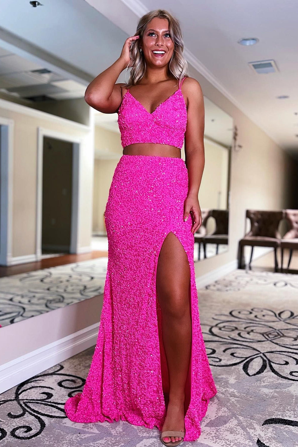 Two Piece Light Blue Sequins Mermaid Prom Dress with Slit