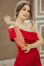 Robe de bal sirène rouge asymétrique avec fente et sequins