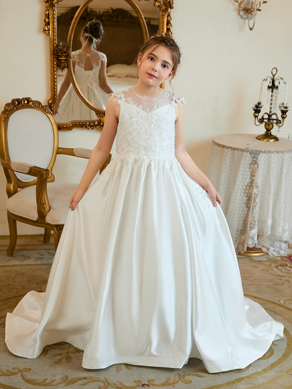 Vestido de princesa de satén con cola para niña de las flores de la primera comunión 