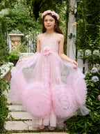 Vestido rosa de niña de las flores, corte en A, de gasa y largo hasta el suelo 
