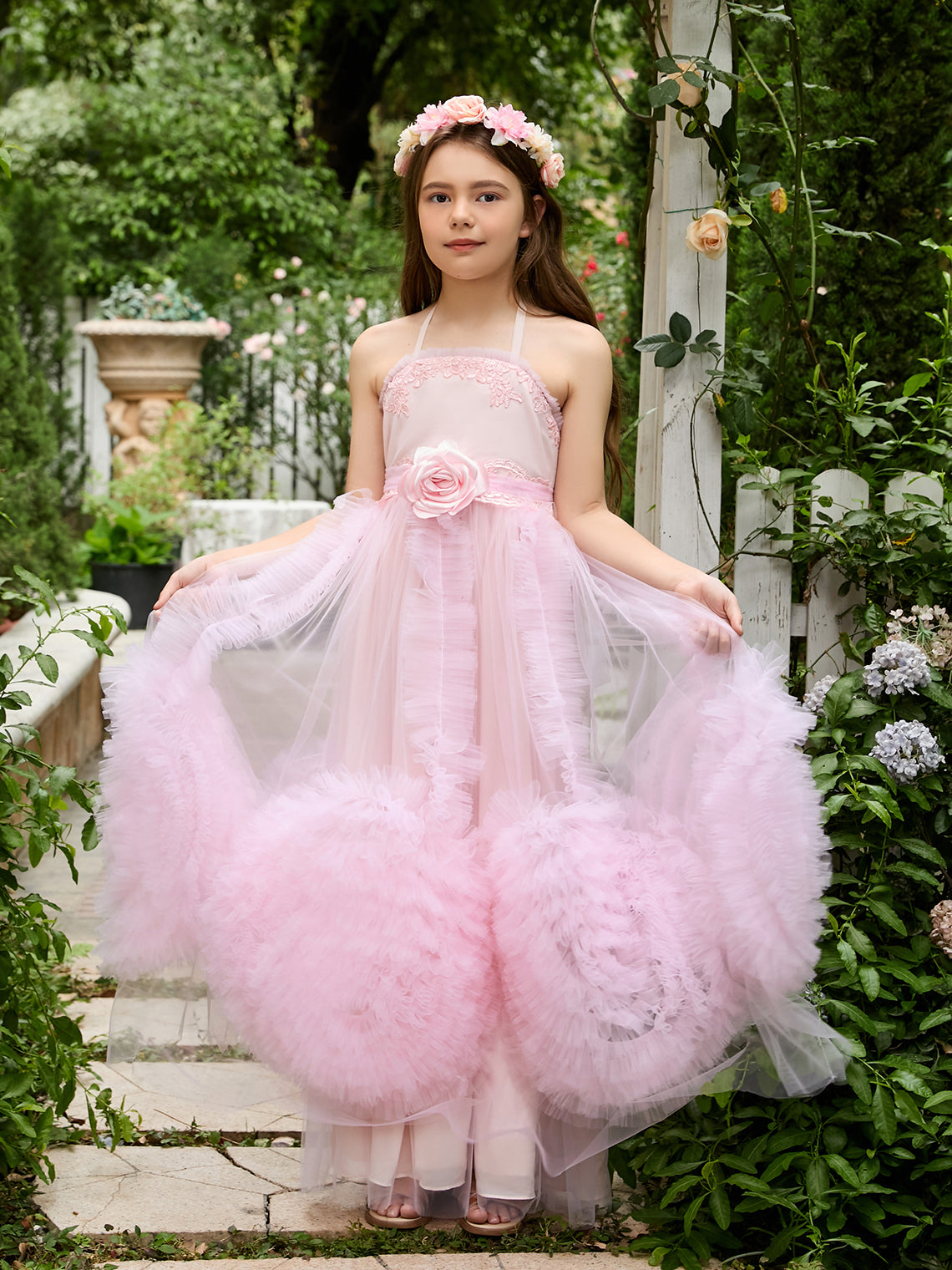 Vestido rosa de niña de las flores, corte en A, de gasa y largo hasta el suelo 
