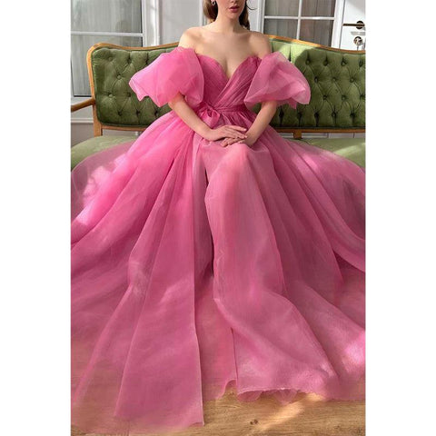 Robe de soirée trapèze en tulle à col en V et manches bouffantes avec fente latérale 