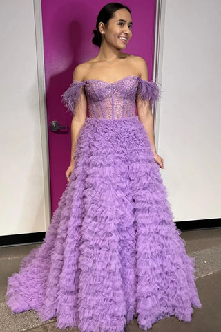Princess A Line Off the Shoulder Purple Long Prom Dress with Feather