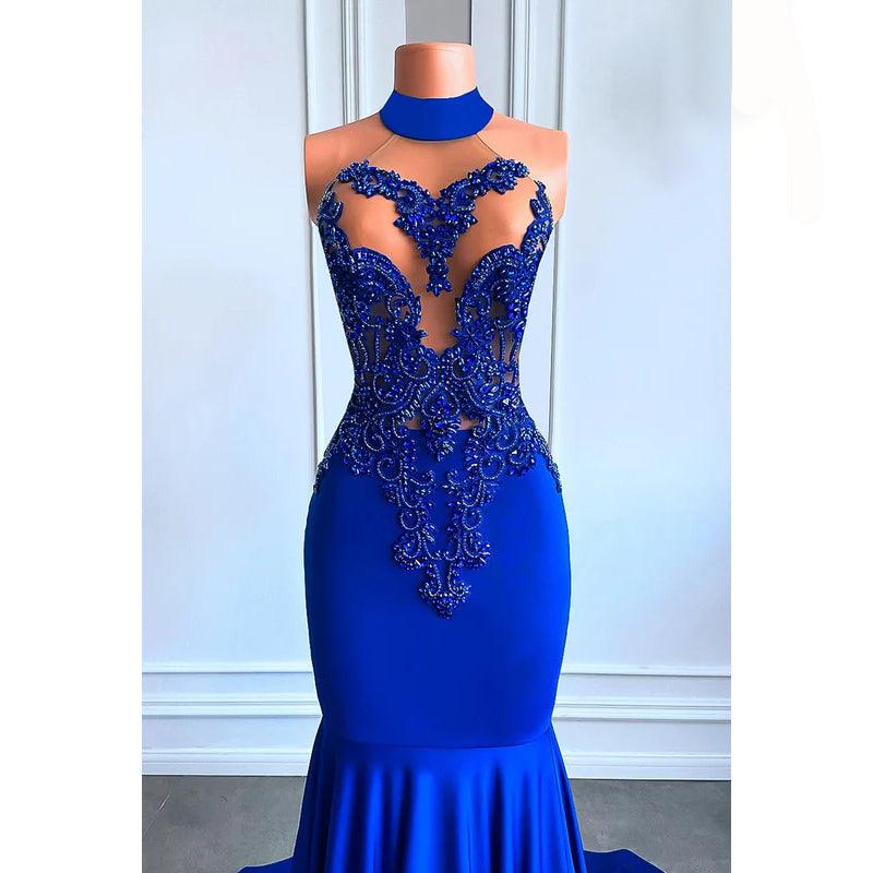 Vestido de fiesta de noche sexy, sin mangas, con cuello alto y volantes dramáticos y glamuroso