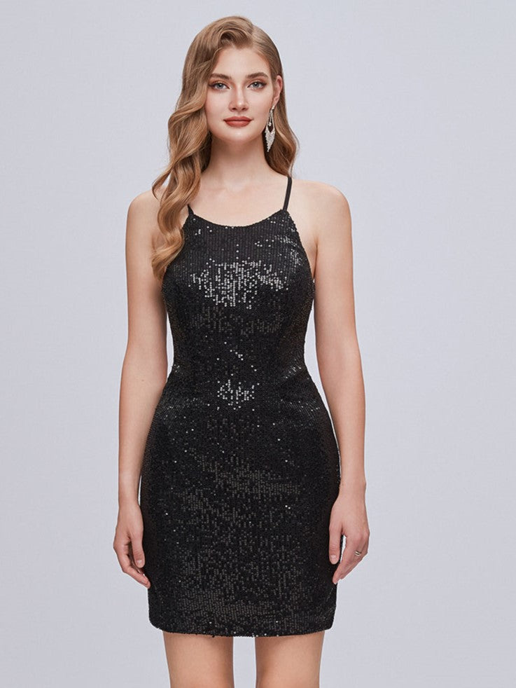 Black Sequins Spaghetti Strap Lace Up Short Homecoming Dresses