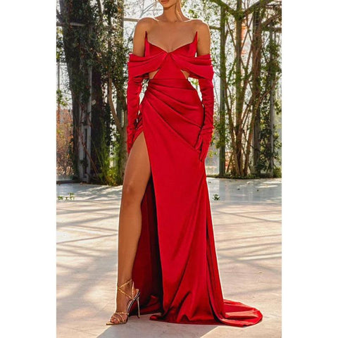 Robe de soirée longue rouge sexy en satin plissé à col en V et fente latérale 