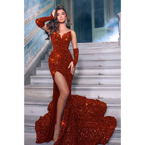 Robe de bal sirène sexy à paillettes et col en V avec fente