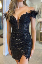 Exquisite Bodycon Off the Shoulder Black Corset Homecoming Dress with Feather
