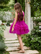 Vestido de niña de las flores de tul sin mangas color fucsia princesa con volantes (010225236) 