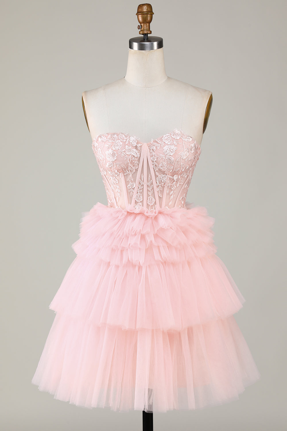 Lindo vestido de fiesta de línea A, escote corazón, corsé rosa claro con volantes