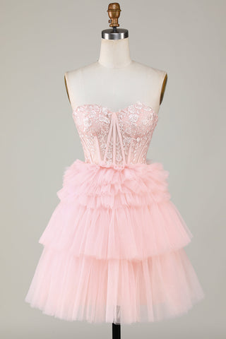 Cute A Line Sweetheart Light Pink Corset Homecoming Dress with Ruffles