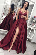Vestido largo de fiesta burdeos con tirantes finos y corte en A con lentejuelas