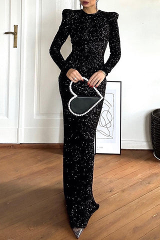 Elegantes vestidos de noche lisos con lentejuelas, espalda descubierta y cuello redondo 