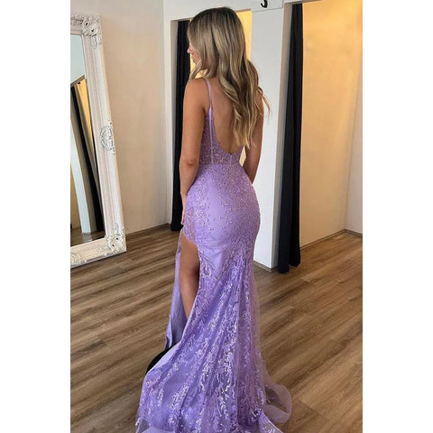 Elegant & Luxurious Spaghetti Straps Side Slit Mermiad Backless Applique Prom Dress