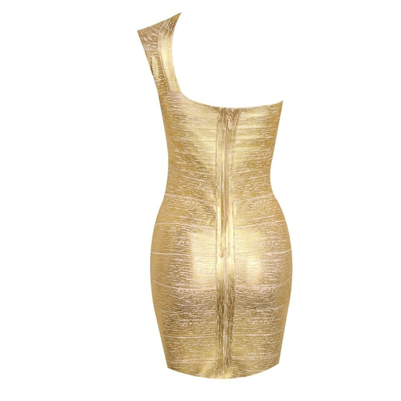 Robe moulante dorée sexy à une épaule, style bandage, idéale pour les soirées en boîte ou les bals de promo.