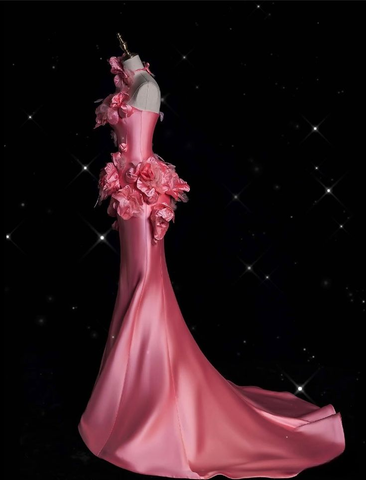 Pretty Pink Satin 3D Flowers Mermaid Prom Dress Long Evening Dress Y8339