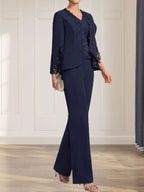 Combinaison/Tailleur-pantalon deux pièces, robe longue en mousseline à col V pour la mère de la mariée