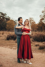 Vestido de fiesta burdeos con tirantes, escote corazón y mangas, disponible en línea