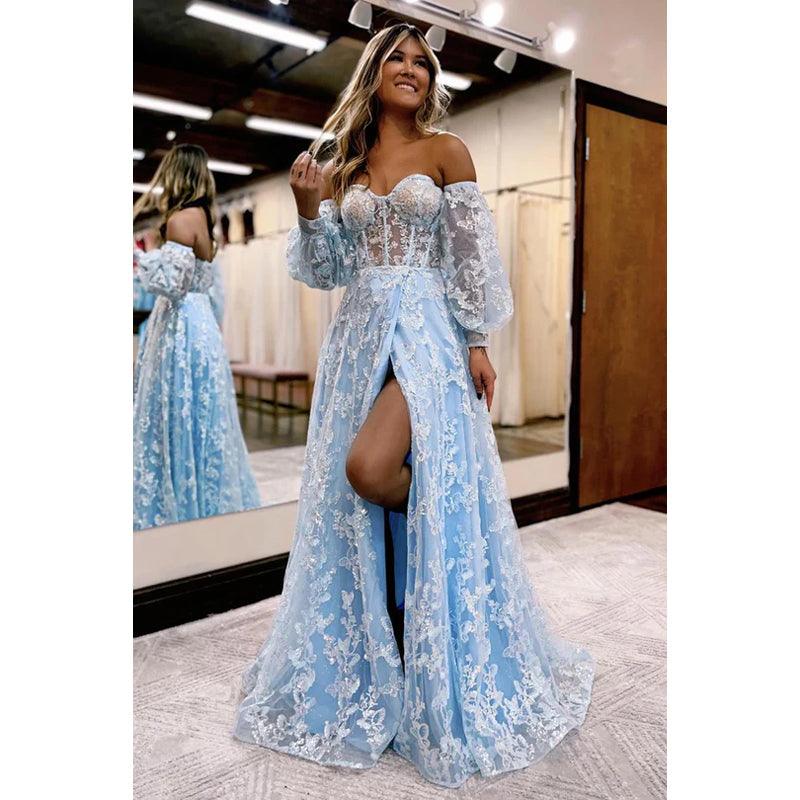 Robe de bal de fin d'année glamour et spectaculaire, sans manches, coupe trapèze, fendue et appliquée