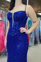 Spaghetti Straps Sequins Mermaid Long Corset Prom Dress with Slit