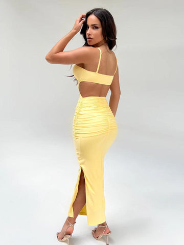 Tossy Women's Backless Cut Out Bodycon Maxi Dress Fashion Sleeveless Spaghetti Strap Ruched Side Slit Hem Evening Dress Female