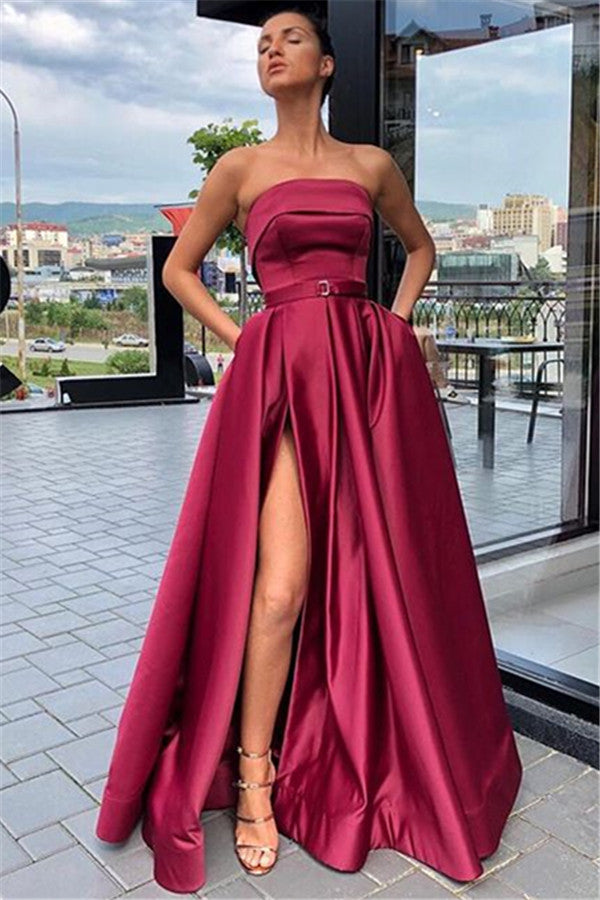 Vestido largo de fiesta sin tirantes con abertura y bolsillos