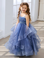 Vestido de niña de las flores de tul sin mangas, corte princesa, azul pizarra, corte en A, estilo princesa 
