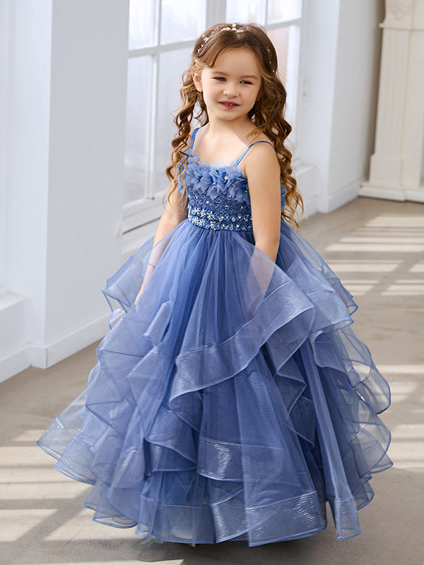 Vestido de niña de las flores de tul sin mangas, corte princesa, azul pizarra, corte en A, estilo princesa 