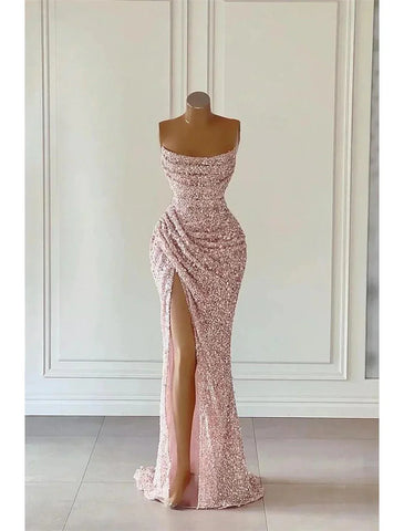 Vestido elegante de gala largo hasta el suelo, sin mangas, sin tirantes, con lentejuelas y lentejuelas brillantes.