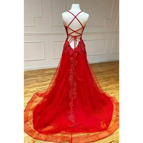 Unique Scoop Tulle Appliques Red Senior Prom Dress