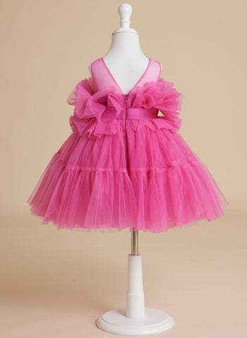 Encantador vestido rosa de princesa sin mangas de tul para niña de las flores con detalle de lazo (010224355) 