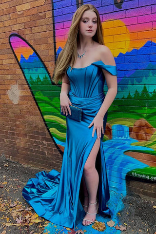 Robe de bal longue verte sirène à épaules dénudées et fente sur le devant