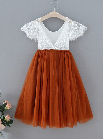 Vestido bohemio de niña de las flores color naranja quemado con encaje hasta el tobillo 