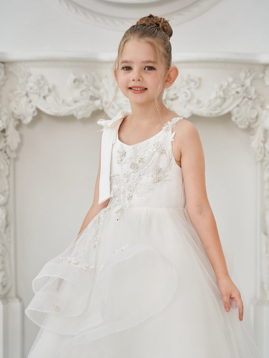 Vestido de princesa/vestido de tul hasta el suelo para niña de las flores de la primera comunión 