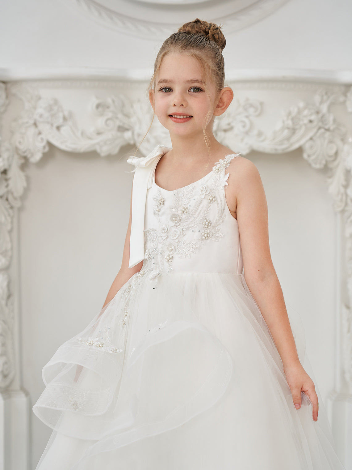 Vestido de princesa/vestido de tul hasta el suelo para niña de las flores de la primera comunión 