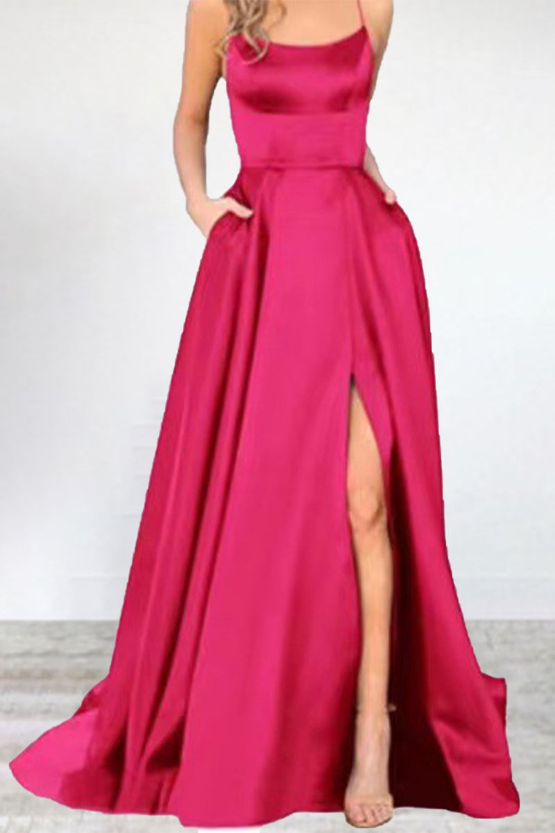 Vestidos de noche sexys, formales, de color liso, con escote en U y abertura alta. 