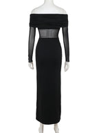 Long Sleeves Skinny Pleated See-Through Solid Color Split-Joint Off-The-Shoulder Evening Dresses Maxi Dresses