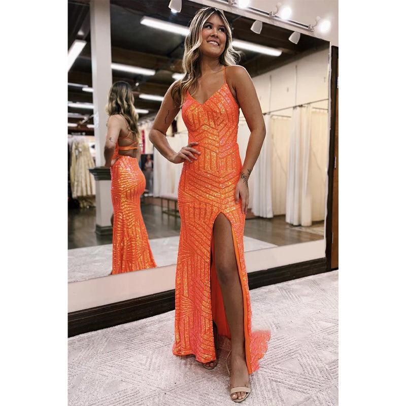 Vestido de noche formal largo con tirantes finos y lentejuelas, corte tubo/columna, brillante, para fiesta de graduación y abertura. 