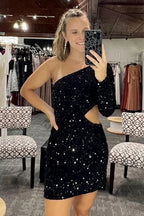 Vestido de fiesta ajustado con lentejuelas, escote en la cintura, un solo hombro y mangas, con lentejuelas.