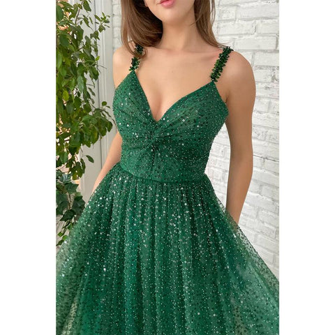 Women's Spaghetti Straps Sequins Green Sparkly Long Prom Dress with Pockets