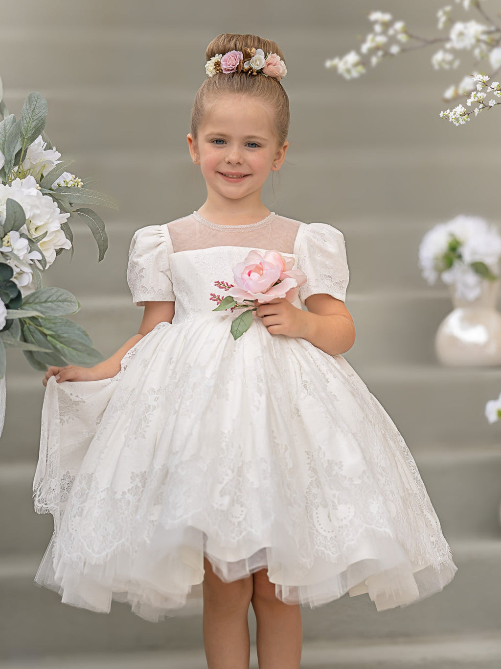 Vestido de niña de las flores de la Primera Comunión de encaje hasta la rodilla 