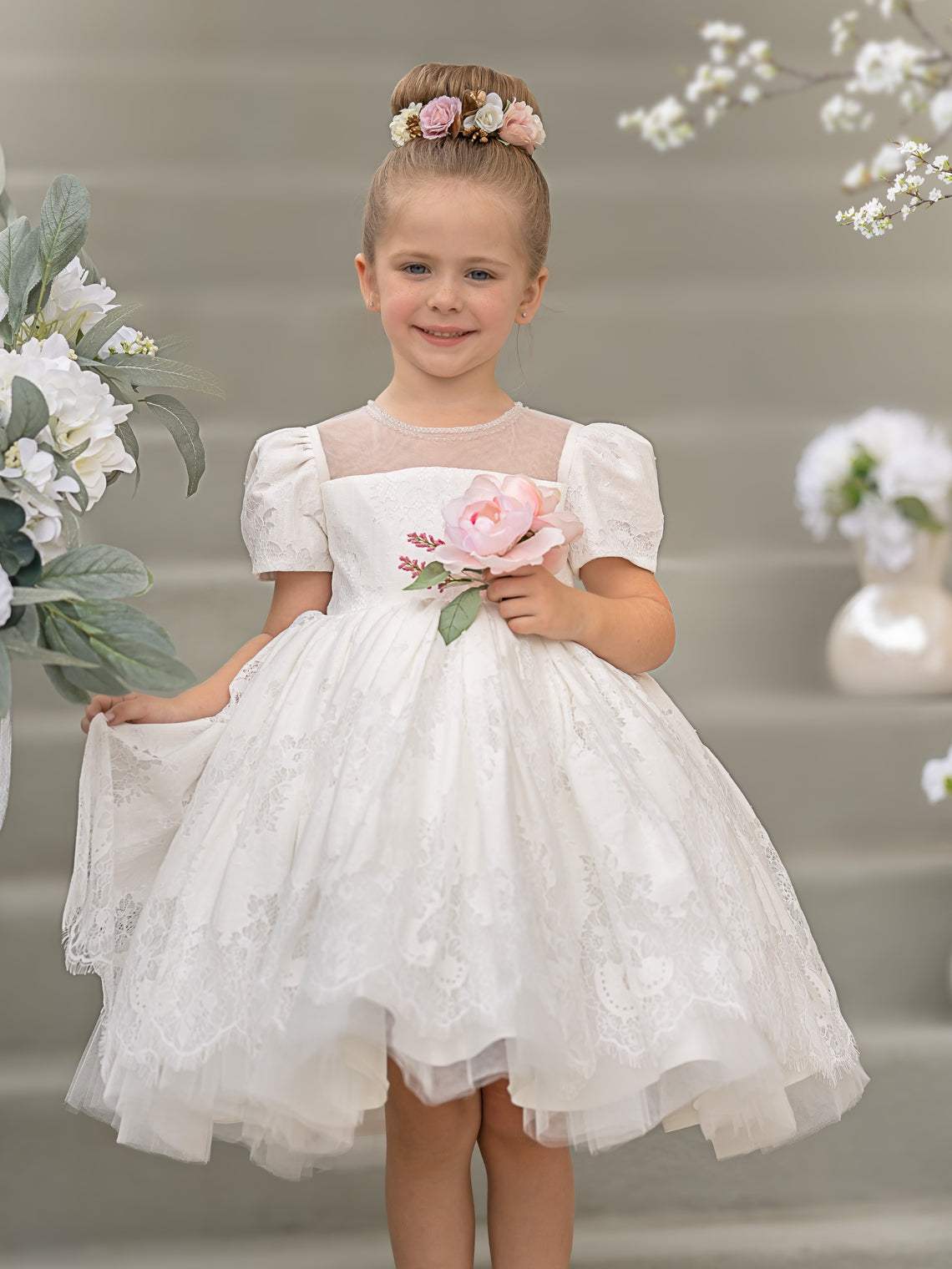 Vestido de niña de las flores de la Primera Comunión de encaje hasta la rodilla 