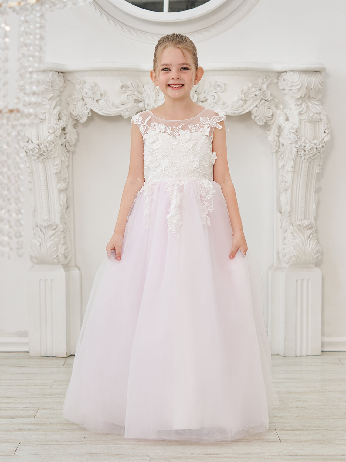 Vestido de niña de las flores de corte A, de tul y encaje hasta el suelo 