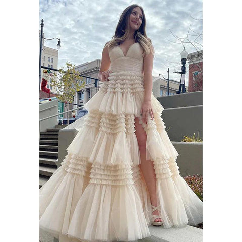 Vestido largo de fiesta de bienvenida con escote en V, tirantes finos y tul fruncido, corte A 