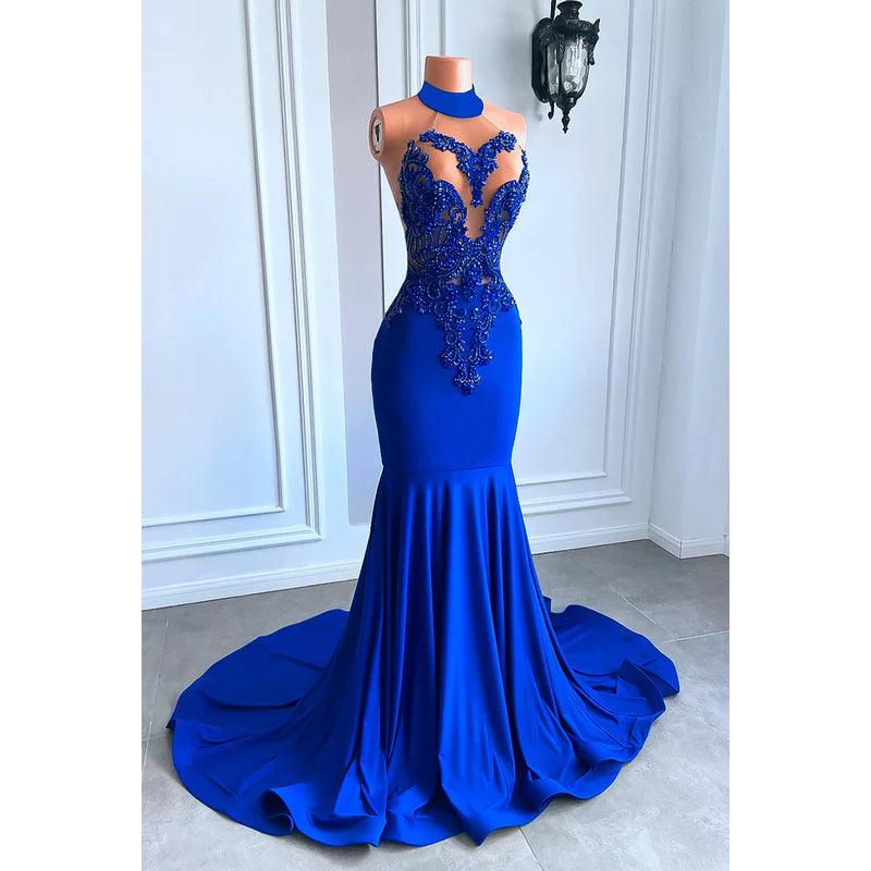 Vestido de fiesta de noche sexy, sin mangas, con cuello alto y volantes dramáticos y glamuroso